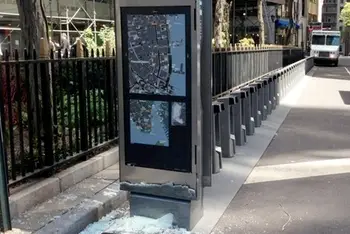 A vandalized Citi Bike kiosk, a harbinger of the horrors soon to come.